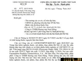 Công văn số : 4172/SYT-NVD Sở Y tế Hà Nội ngày 13 tháng 8 năm 2025 Về việc thu hồi thuốc Viên nang cứng DICELLNASE (Piroxicam 20mg) không đáp ứng tiêu chuẩn cơ sở