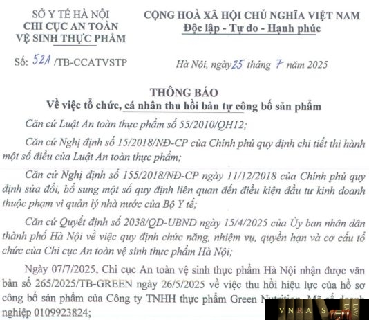 Công văn số : 521/TB-CCATVSTP Sở Y tế Hà Nội ngày 25 tháng 7 năm 2025 Về việc tổ chức, cá nhân thu hồi bản tự công bố sản phẩm
