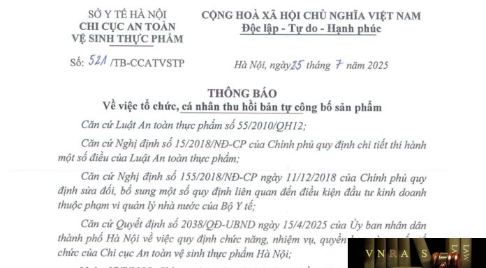 Công văn số : 521/TB-CCATVSTP Sở Y tế Hà Nội ngày 25 tháng 7 năm 2025 Về việc tổ chức, cá nhân thu hồi bản tự công bố sản phẩm Công văn số : 521/TB-CCATVSTP Sở Y tế Hà Nội ngày 25 tháng 7 năm 2025 Về việc tổ chức, cá nhân thu hồi bản tự công bố sản phẩm