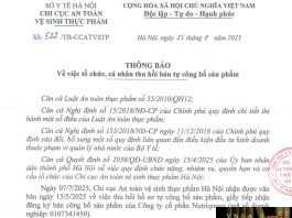 Công văn số : 522/TB-CCATVSTP Sở Y tế Hà Nội ngày 25 tháng 7 năm 2025 Về việc tổ chức, cá nhân thu hồi bản tự công bố sản phẩm