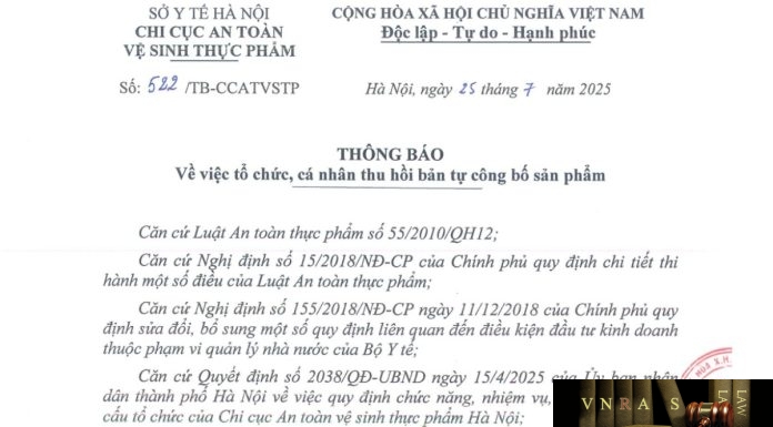Công văn số : 522/TB-CCATVSTP Sở Y tế Hà Nội ngày 25 tháng 7 năm 2025 Về việc tổ chức, cá nhân thu hồi bản tự công bố sản phẩm