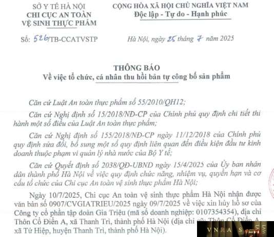 Công văn số : 526/TB-CCATVSTP Sở Y tế Hà Nội ngày 25 tháng 7 năm 2025 Về việc tổ chức, cá nhân thu hồi bản tự công bố sản phẩm