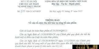 Công văn số : 555/TB-CCATVSTP Sở Y tế Hà Nội ngày 25 tháng 7 năm 2025 Về việc tổ chức thu hồi bản tự công bố sản phẩm