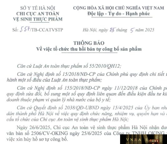 Công văn số : 557/TB-CCATVSTP Sở Y tế Hà Nội ngày 25 tháng 5 năm 2025 Về việc thu hồi hiệu lực Giấy tiếp nhận đăng ký bản công bố sản phẩm
