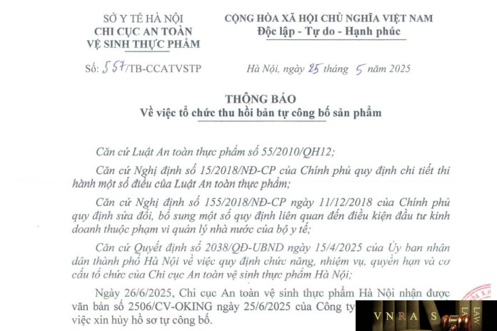 Công văn số : 557/TB-CCATVSTP Sở Y tế Hà Nội ngày 25 tháng 5 năm 2025 Về việc thu hồi hiệu lực Giấy tiếp nhận đăng ký bản công bố sản phẩm
