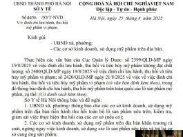 Công văn số : 4456/SYT-NVD Sở Y tế Hà Nội ngày 25 tháng 8 năm 2025 Về việc đình chỉ lưu hành, thu hồi mỹ phẩm vi phạm