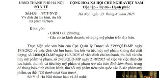 Công văn số : 4456/SYT-NVD Sở Y tế Hà Nội ngày 25 tháng 8 năm 2025 Về việc đình chỉ lưu hành, thu hồi mỹ phẩm vi phạm