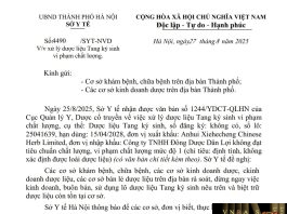 Công văn số : 4490/SYT-NVD Sở Y tế Hà Nội ngày 27 tháng 8 năm 2025 Về việc xử lý dược liệu Tang ký sinh vi phạm chất lượng