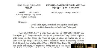 Công văn số : 4490/SYT-NVD Sở Y tế Hà Nội ngày 27 tháng 8 năm 2025 Về việc xử lý dược liệu Tang ký sinh vi phạm chất lượng