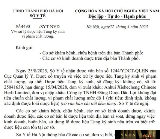 Công văn số : 4490/SYT-NVD Sở Y tế Hà Nội ngày 27 tháng 8 năm 2025 Về việc xử lý dược liệu Tang ký sinh vi phạm chất lượng