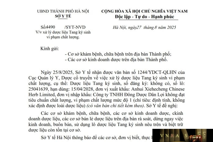 Công văn số : 4490/SYT-NVD Sở Y tế Hà Nội ngày 27 tháng 8 năm 2025 Về việc xử lý dược liệu Tang ký sinh vi phạm chất lượng