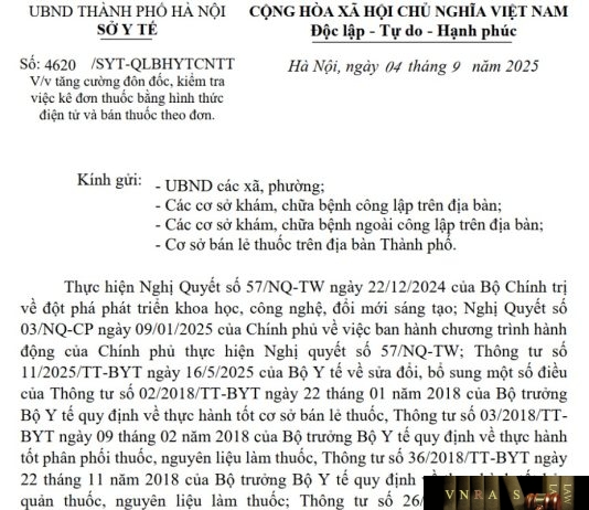 Công văn số : 4620/SYT-QLBHYTCNTT Sở Y tế Hà Nội ngày 04 tháng 9 năm 2025 Về việc tăng cường đôn đốc, kiểm tra việc kê đơn thuốc bằng hình thức điện tử và bán thuốc theo đơn