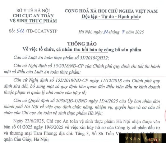 Công văn số : 512/TB-CCATVSTP Sở Y tế Hà Nội ngày 22 tháng 7 năm 2025 Về việc tổ chức, cá nhân thu hồi bản tự công bố sản phẩm