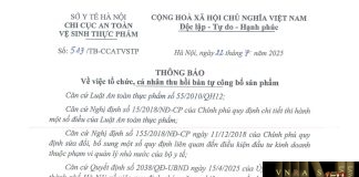 Công văn số : 513/TB-CCATVSTP Sở Y tế Hà Nội ngày 22 tháng 7 năm 2025 Về việc tổ chức, cá nhân thu hồi bản tự công bố sản phẩm