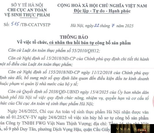 Công văn số : 515/TB-CCATVSTP Sở Y tế Hà Nội ngày 22 tháng 7 năm 2025 Về việc tổ chức, cá nhân thu hồi bản tự công bố sản phẩm