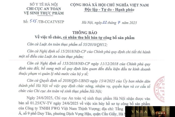 Công văn số : 515/TB-CCATVSTP Sở Y tế Hà Nội ngày 22 tháng 7 năm 2025 Về việc tổ chức, cá nhân thu hồi bản tự công bố sản phẩm