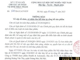 Công văn số : 518/TB-CCATVSTP Sở Y tế Hà Nội ngày 22 tháng 7 năm 2025 Về việc tổ chức, cá nhân thu hồi bản tự công bố sản phẩm