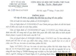 Công văn số : 519/TB-CCATVSTP Sở Y tế Hà Nội ngày 25 tháng 7 năm 2025 Về việc tổ chức, cá nhân thu hồi bản tự công bố sản phẩm