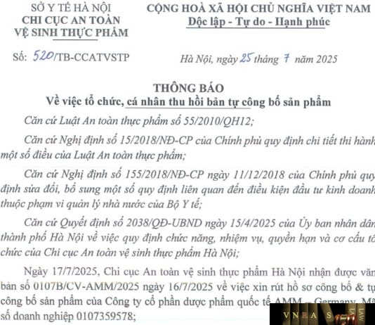 Công văn số : 520/TB-CCATVSTP Sở Y tế Hà Nội ngày 25 tháng 7 năm 2025 Về việc tổ chức, cá nhân thu hồi bản tự công bố sản phẩm