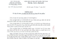 Công văn số : 523/TB-CCATVSTP Sở Y tế Hà Nội ngày 25 tháng 7 năm 2025 Về việc tổ chức, cá nhân thu hồi bản tự công bố sản phẩm