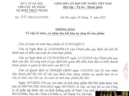 Công văn số : 523/TB-CCATVSTP Sở Y tế Hà Nội ngày 25 tháng 7 năm 2025 Về việc tổ chức, cá nhân thu hồi bản tự công bố sản phẩm