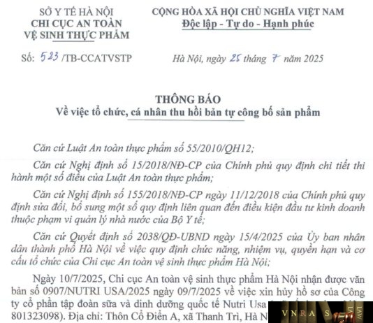 Công văn số : 523/TB-CCATVSTP Sở Y tế Hà Nội ngày 25 tháng 7 năm 2025 Về việc tổ chức, cá nhân thu hồi bản tự công bố sản phẩm