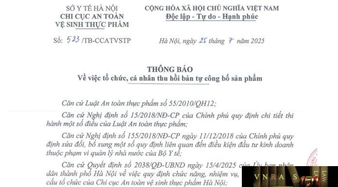 Công văn số : 523/TB-CCATVSTP Sở Y tế Hà Nội ngày 25 tháng 7 năm 2025 Về việc tổ chức, cá nhân thu hồi bản tự công bố sản phẩm Công văn số : 523/TB-CCATVSTP Sở Y tế Hà Nội ngày 25 tháng 7 năm 2025 Về việc tổ chức, cá nhân thu hồi bản tự công bố sản phẩm