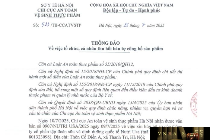 523-TB-CCATVSTP-2025 Công văn số : 523/TB-CCATVSTP Sở Y tế Hà Nội ngày 25 tháng 7 năm 2025 Về việc tổ chức, cá nhân thu hồi bản tự công bố sản phẩm