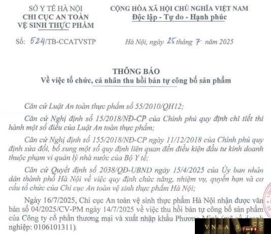 Công văn số : 524/TB-CCATVSTP Sở Y tế Hà Nội ngày 25 tháng 7 năm 2025 Về việc tổ chức, cá nhân thu hồi bản tự công bố sản phẩm