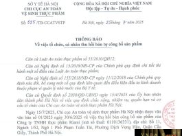 Công văn số : 525/TB-CCATVSTP Sở Y tế Hà Nội ngày 25 tháng 7 năm 2025 Về việc tổ chức, cá nhân thu hồi bản tự công bố sản phẩm