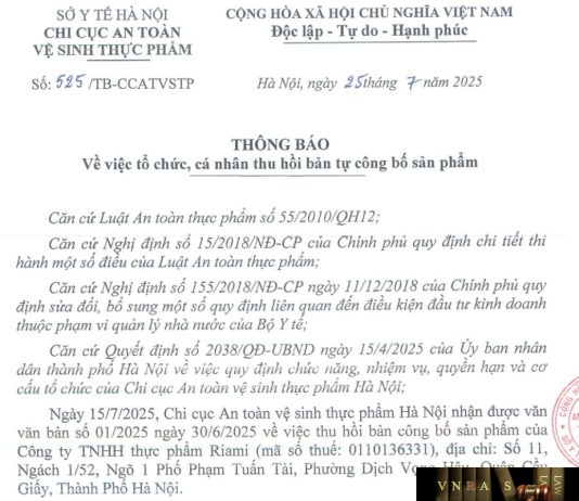 Công văn số : 525/TB-CCATVSTP Sở Y tế Hà Nội ngày 25 tháng 7 năm 2025 Về việc tổ chức, cá nhân thu hồi bản tự công bố sản phẩm