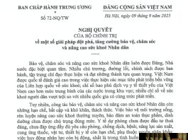 Nghị quyết số 72-NQ/TW ngày 09/09/2025 của Bộ Chính trị Về một số giải pháp đột phá, tăng cường bảo vệ, chăm sóc và nâng cao sức khỏe nhân dân