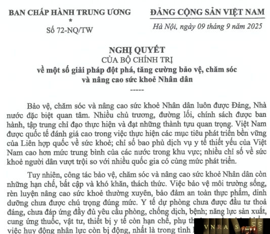 Nghị quyết số 72-NQ/TW ngày 09/09/2025 của Bộ Chính trị Về một số giải pháp đột phá, tăng cường bảo vệ, chăm sóc và nâng cao sức khỏe nhân dân