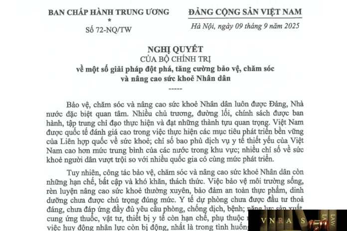 Nghị quyết số 72-NQ/TW ngày 09/09/2025 của Bộ Chính trị Về một số giải pháp đột phá, tăng cường bảo vệ, chăm sóc và nâng cao sức khỏe nhân dân