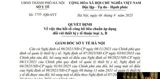 Quyết định số : 1735/QĐ-SYT Sở Y tế Hà Nội ngày 08 tháng 9 năm 2025 Về việc thu hồi số công bố tiêu chuẩn áp dụng đối với thiết bị y tế thuộc loại A, B