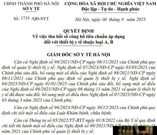 Quyết định số : 1735/QĐ-SYT Sở Y tế Hà Nội ngày 08 tháng 9 năm 2025 Về việc thu hồi số công bố tiêu chuẩn áp dụng đối với thiết bị y tế thuộc loại A, B
