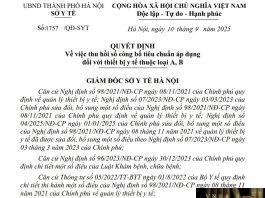 Quyết định số : 1757/QĐ-SYT Sở Y tế Hà Nội ngày 10 tháng 9 năm 2025 Về việc thu hồi số công bố tiêu chuẩn áp dụng đối với thiết bị y tế thuộc loại A, B