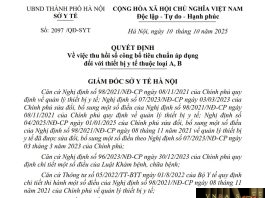 Quyết định số 2097/QĐ-SYT Sở Y tế Hà Nội ngày 10 tháng 10 năm 2025 Về việc thu hồi số công bố tiêu chuẩn áp dụng đối với thiết bị y tế thuộc loại A, B