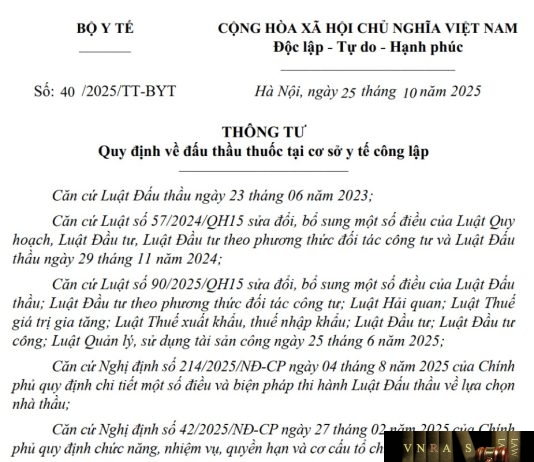 Thông tư số : 40/2025/TT-BYT ngày 25 tháng 10 năm 2025 Quy định về đấu thầu thuốc tại cơ sở y tế công lập