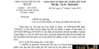 Công văn số : 4683/SYT-NVD Sở Y tế Hà Nội ngày 07 tháng 9 năm 2025 Về việc đình chỉ lưu hành, thu hồi mỹ phẩm vi phạm