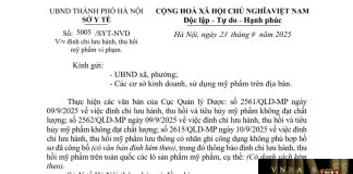 Công văn số : 5005/SYT-NVD Sở Y tế Hà Nội ngày 23 tháng 9 năm 2025 Về việc đình chỉ lưu hành, thu hồi mỹ phẩm vi phạm