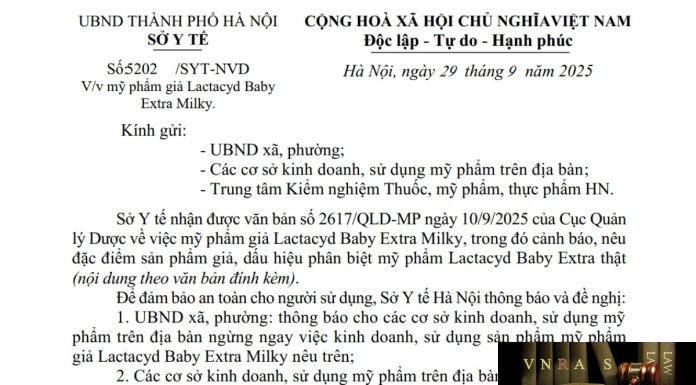 Công văn số : 5202/SYT-NVD Sở Y tế Hà Nội ngày 29 tháng 9 năm 2025 Về việc mỹ phẩm giả Lactacyd Baby Extra Milky Công văn số : 5202/SYT-NVD Sở Y tế Hà Nội ngày 29 tháng 9 năm 2025 Về việc mỹ phẩm giả Lactacyd Baby Extra Milky