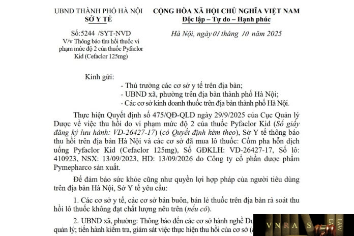 5244-SYT-NVD-2025 Công văn số : 5244/SYT-NVD Sở Y tế Hà Nội ngày 01 tháng 10 năm 2025 Về việc Thông báo thu hồi thuốc vi phạm mức độ 2 của thuốc Pyfaclor Kid (Cefaclor 125mg)