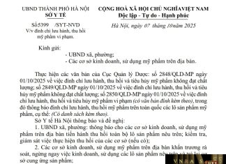 Công văn số : 5399/SYT-NVD Sở Y tế Hà Nội ngày 07 tháng 10 năm 2025 Về việc đình chỉ lưu hành, thu hồi mỹ phẩm vi phạm