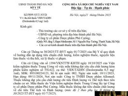 Công văn số : 5809/SYT-NVD Sở Y tế Hà Nội ngày 21 tháng 10 năm 2025 Về việc thu hồi thuốc VIDUTADIN (Desloratadin 0,5mg/1ml)