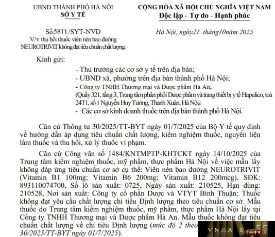 Công văn số : 5811/SYT-NVD Sở Y tế Hà Nội ngày 21 tháng 10 năm 2025 Về việc thu hồi thuốc viên nén bao đường NEUROTRIVIT không đạt tiêu chuẩn chất lượng