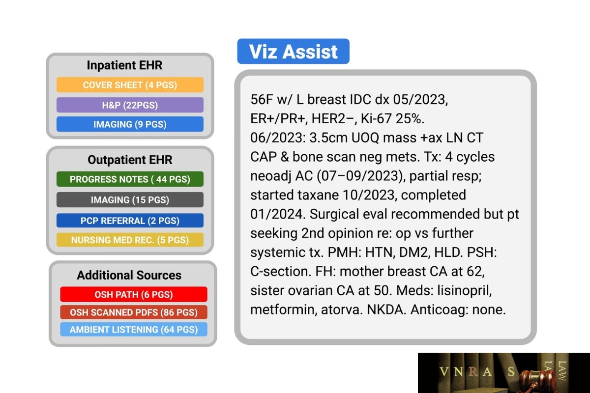 Hình 1. Bản tóm tắt được tạo từ Viz Assist với dữ liệu từ nhiều nguồn khác nhau: bệnh án nội trú, ngoại trú, các nguồn dữ liệu bổ sung.
