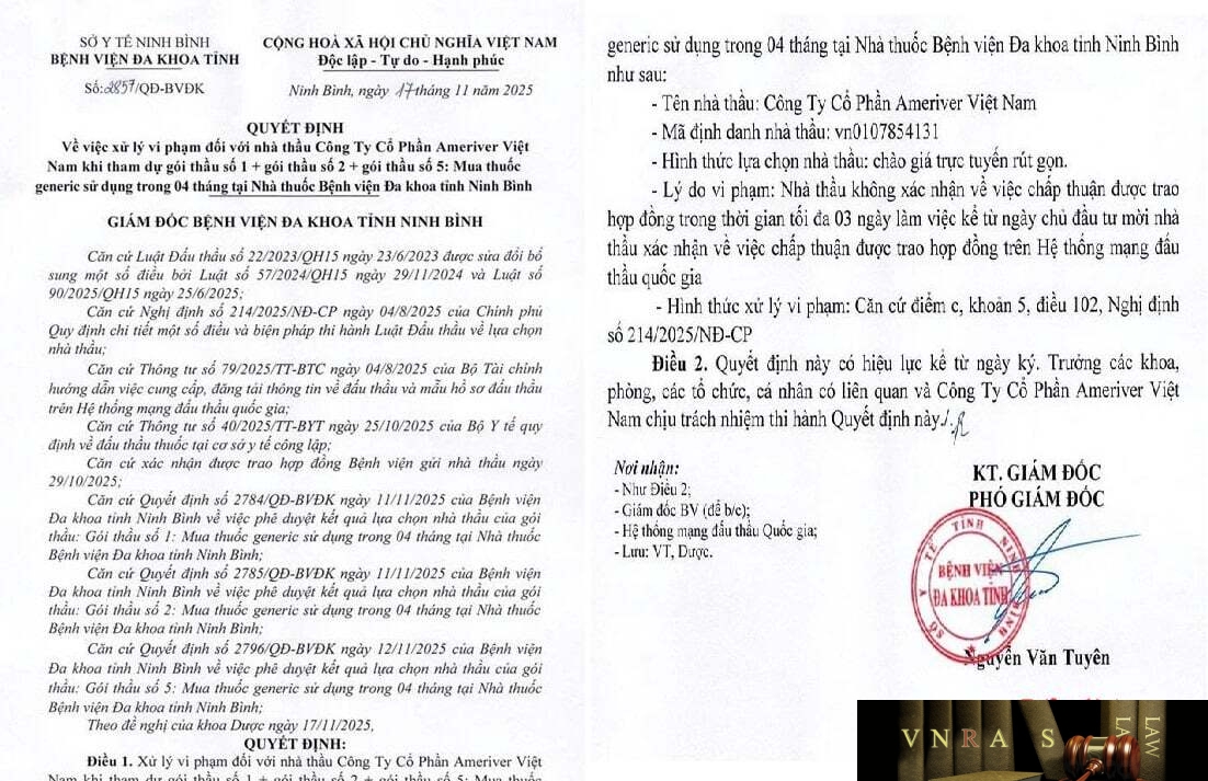 Quyết định xử lý vi phạm do BVĐK tỉnh Ninh Bình ban hành liên quan đến ba gói thầu thuốc generic của Ameriver Việt Nam.