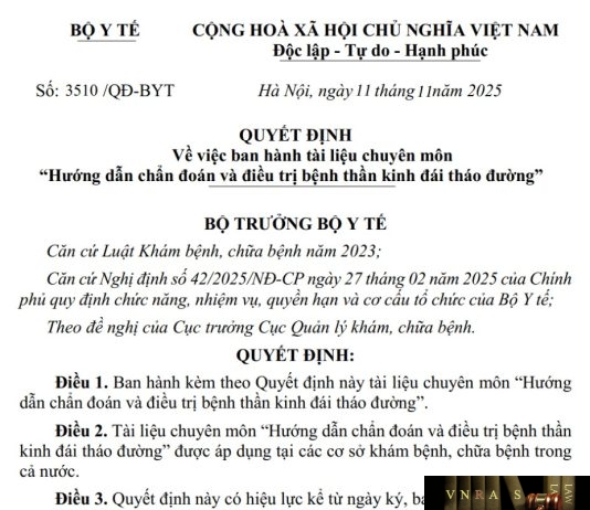 Quyết định số : 3510/QĐ-BYT ngày 11 tháng 11 năm 2025 Về việc ban hành tài liệu chuyên môn “Hướng dẫn chẩn đoán và điều trị bệnh thần kinh đái tháo đường”