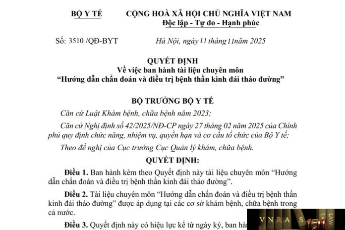 Quyết định số : 3510/QĐ-BYT ngày 11 tháng 11 năm 2025 Về việc ban hành tài liệu chuyên môn “Hướng dẫn chẩn đoán và điều trị bệnh thần kinh đái tháo đường”